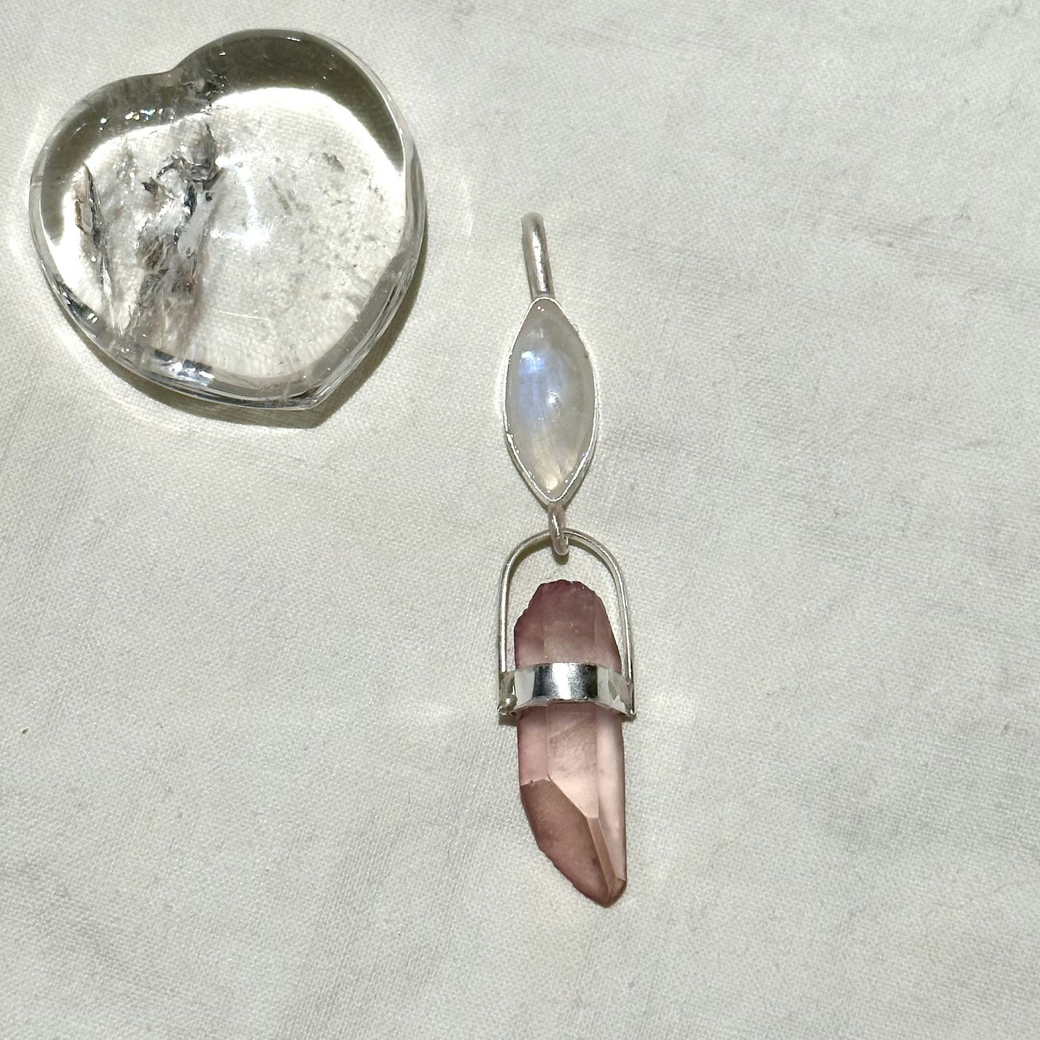 Priestess jewelry for love, Rainbow moonstone with Pink quartz
