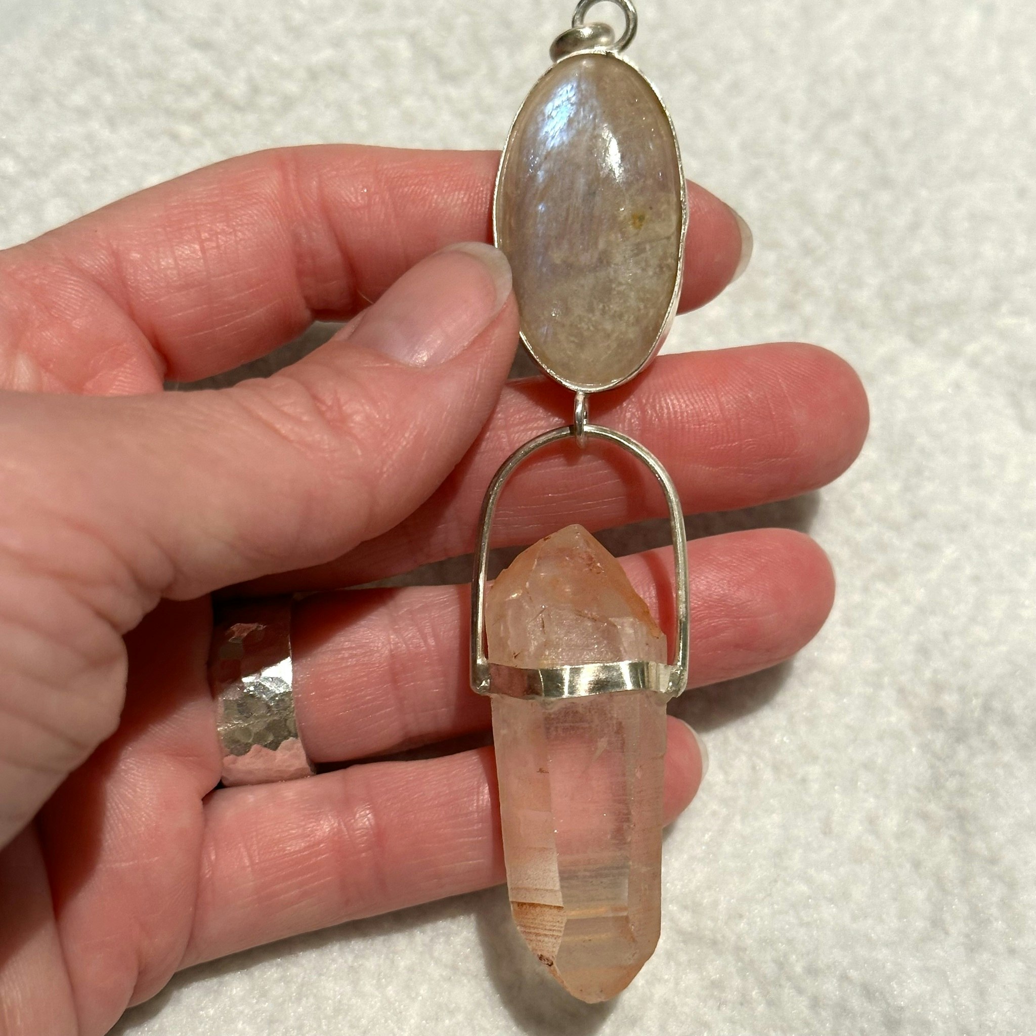 Apricot rainbow moonstone with double terminated pink lemuria