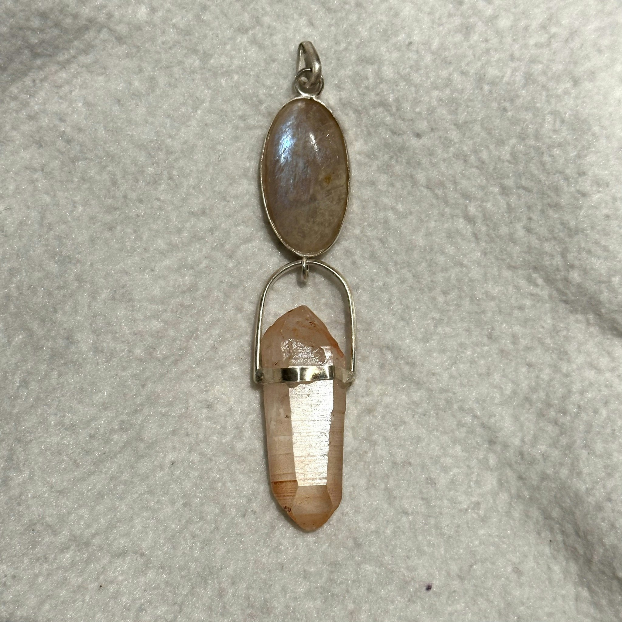 Apricot rainbow moonstone with double terminated pink lemuria