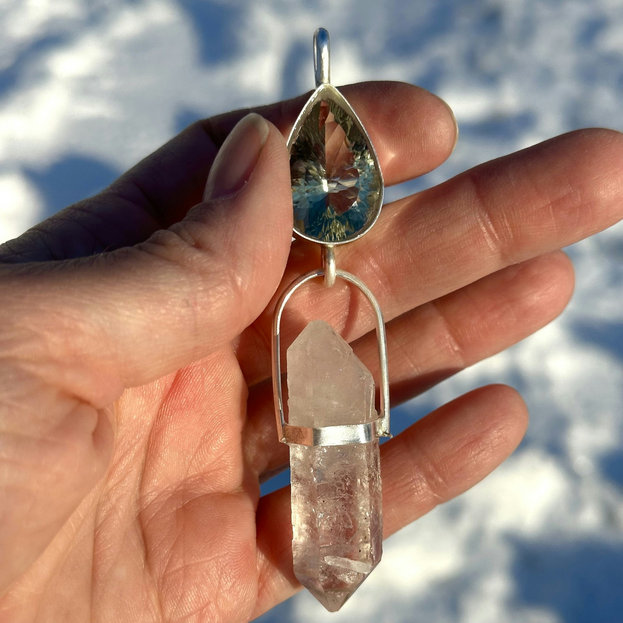 Green amethyst with double terminated Swedish clear quartz crystal