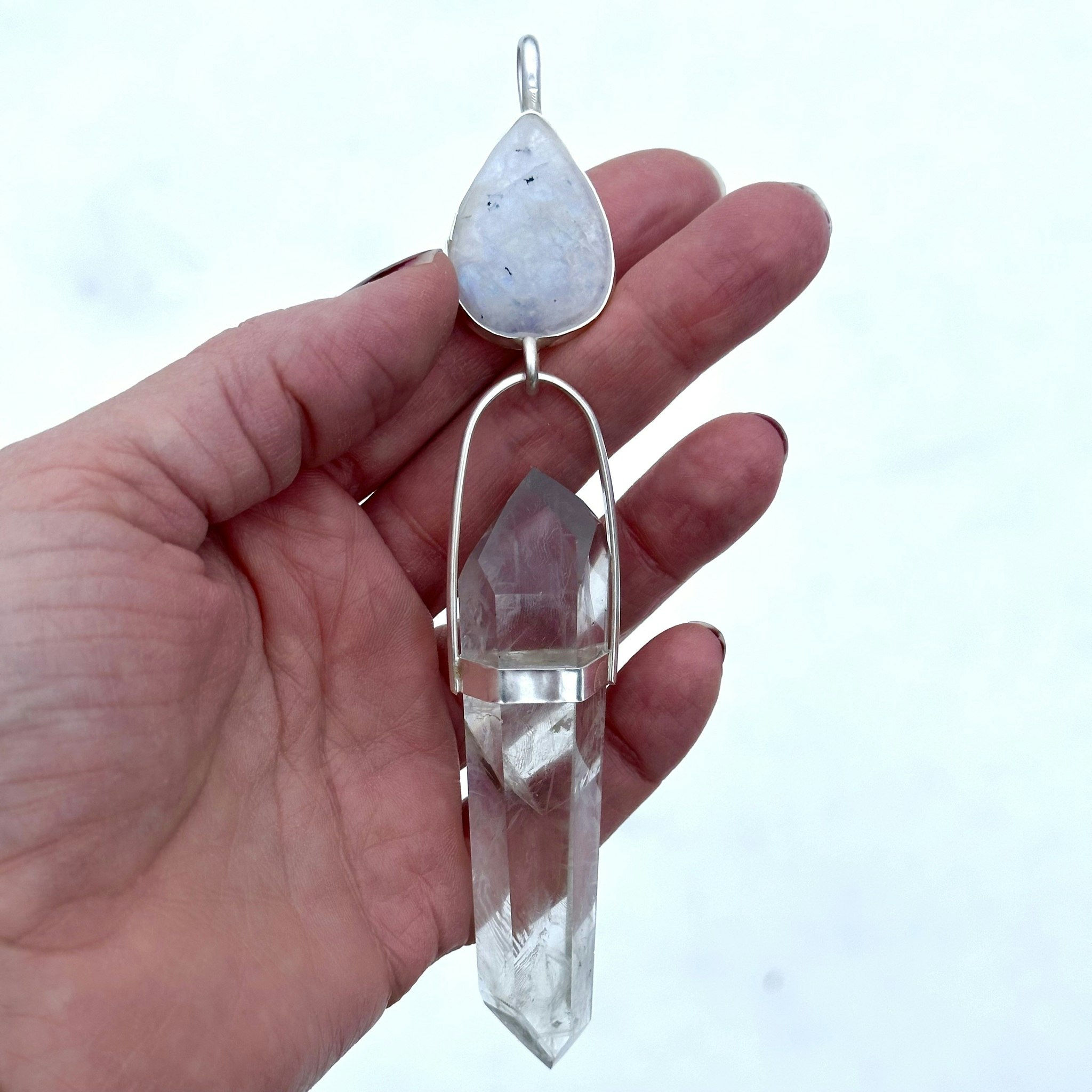 Priestess jewelry rainbow moonstone with double terminated purple and green amethyst