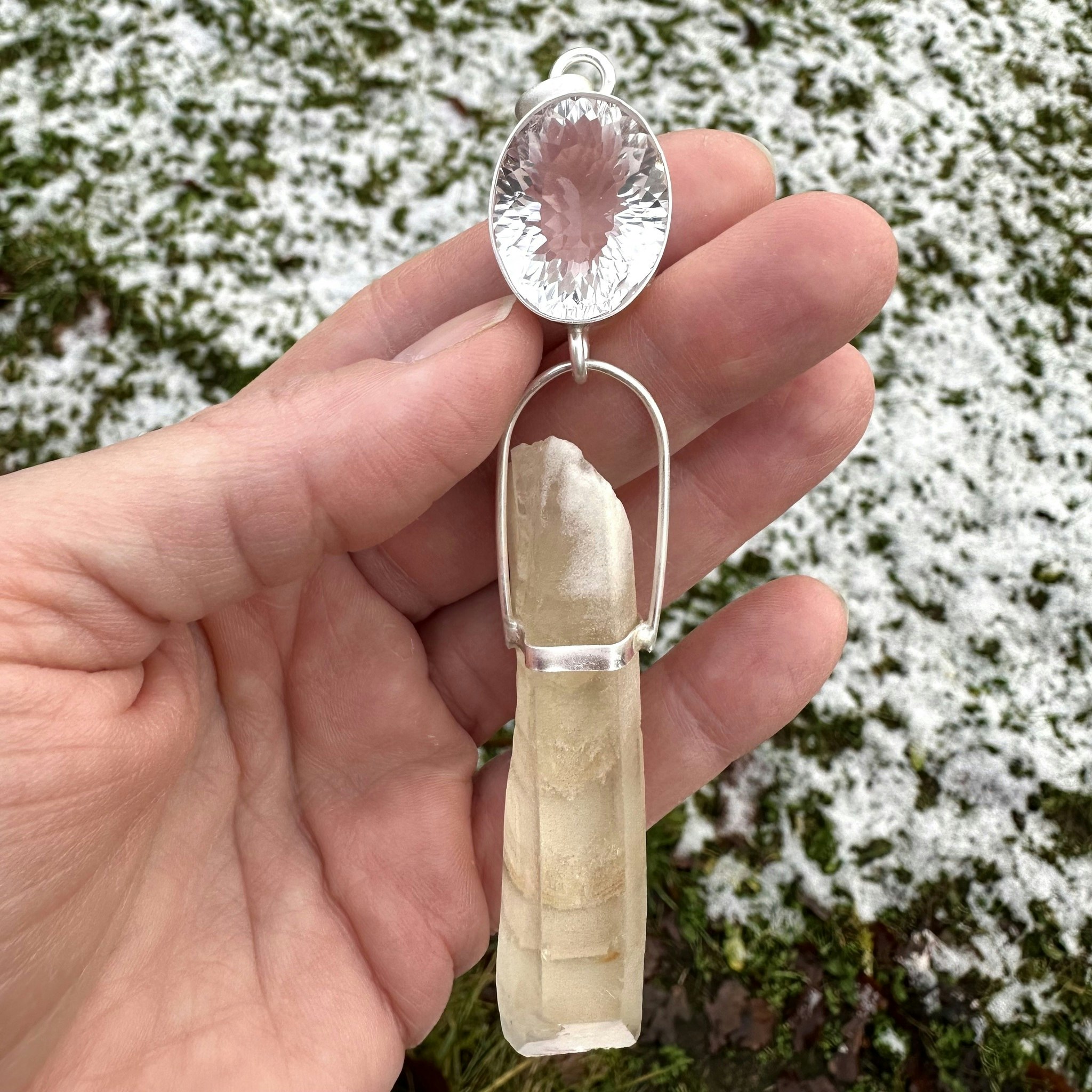 "White wolf" clear quartz crystal with magical white lodolite with phantoms