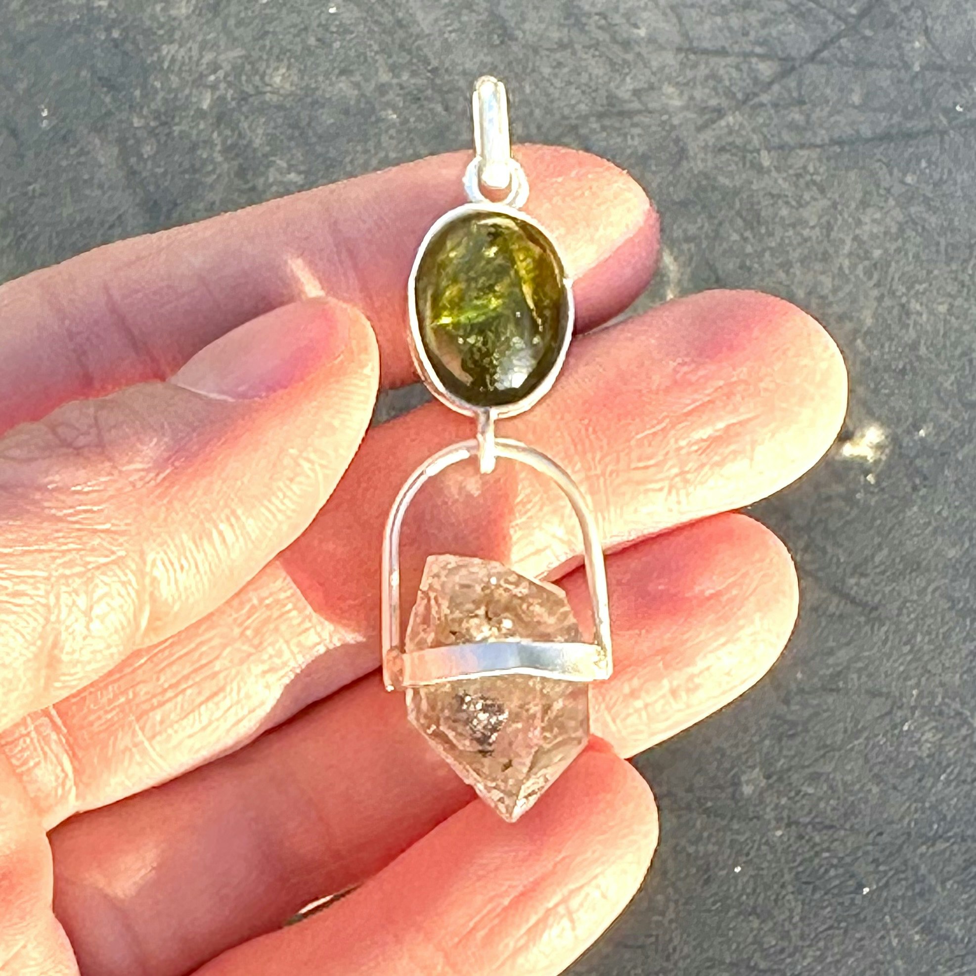 Green tourmaline with Herkimer diamond with inclusions