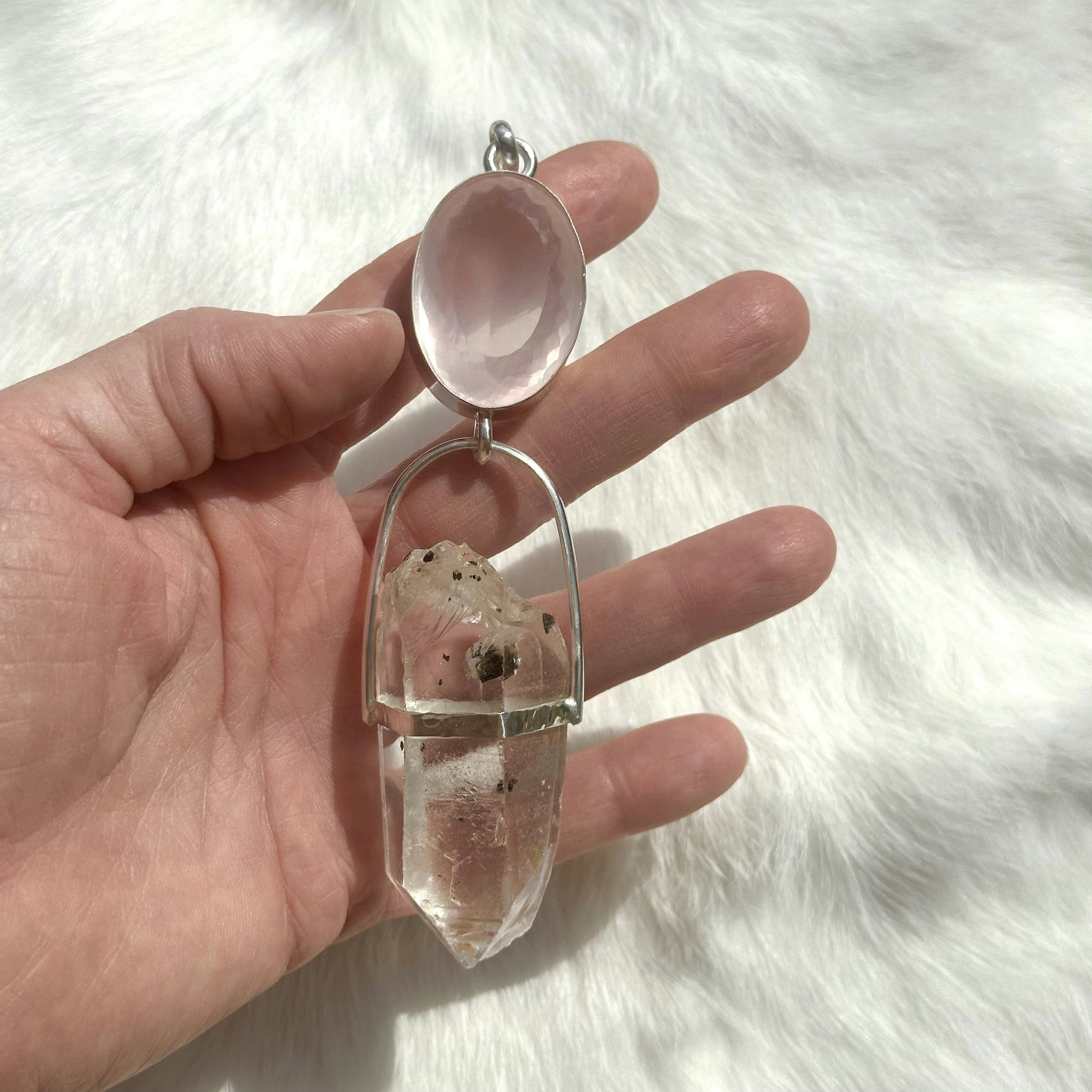 Faceted Rose Quartz with very special Himalayan quartz with inclusions, Golden Healer and Lodolite