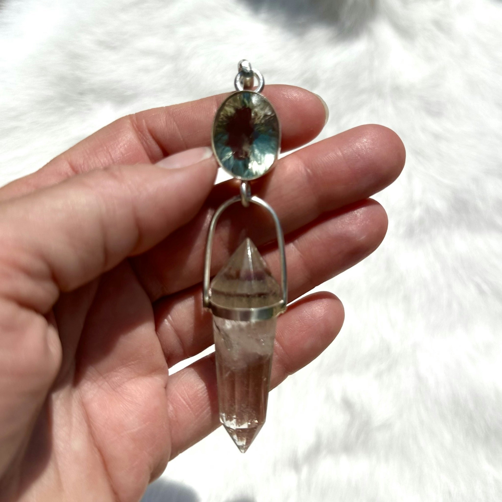 Green Amethyst with clear quartz Vogel crystal from Brazil