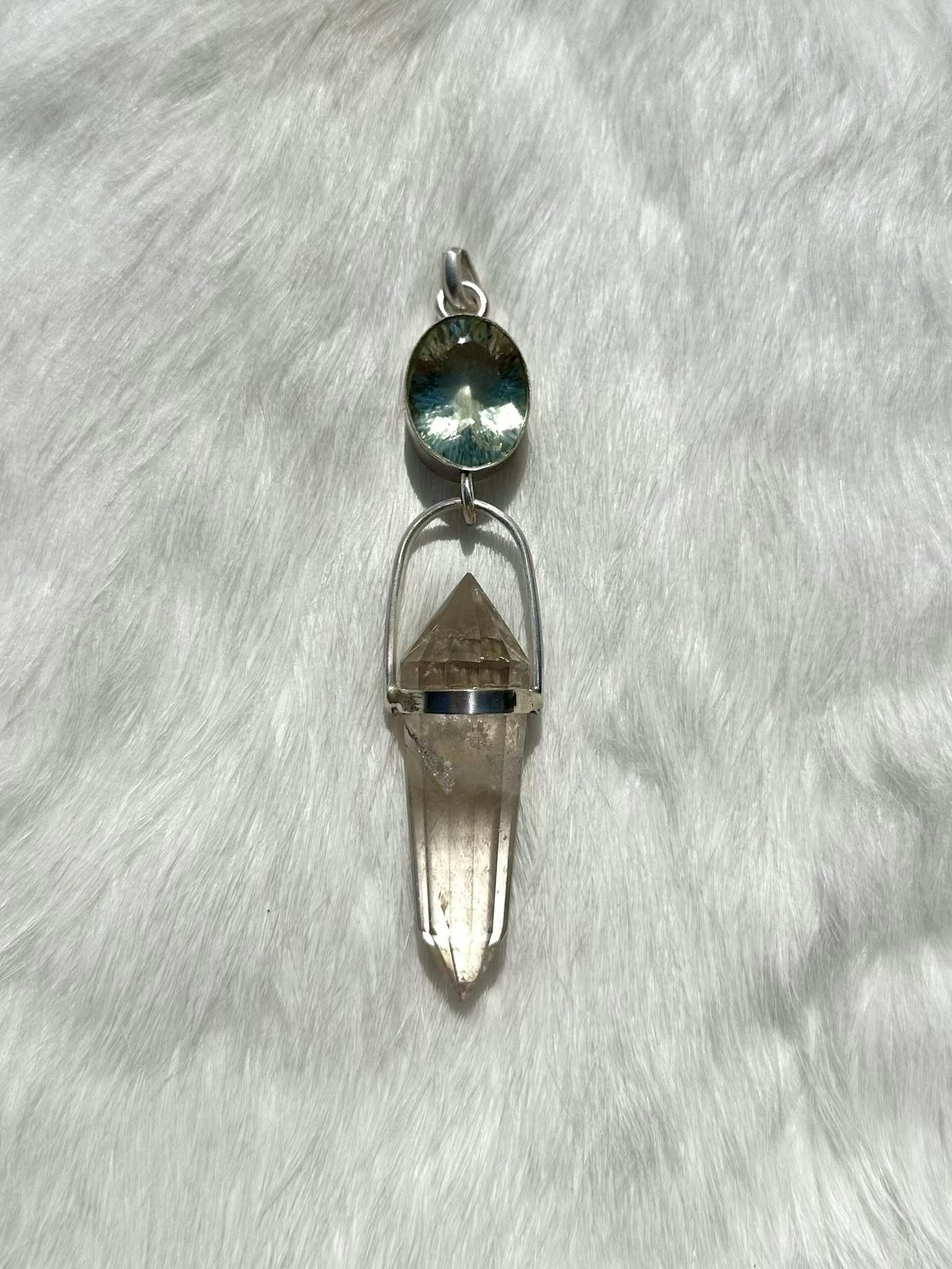 Green Amethyst with clear quartz Vogel crystal from Brazil