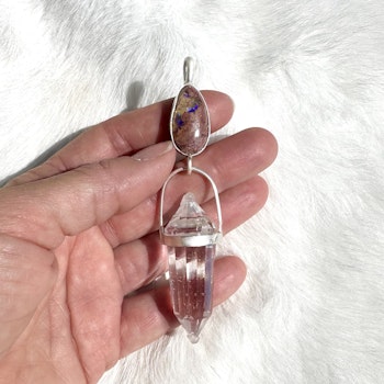 Fire Opal in matrix with clear quartz Vogel crystal