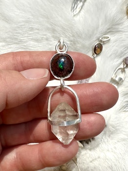 Dragon rider, fire opal in matrix with naturally double terminated quartz