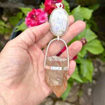 The Red Godess-Sisterhood of the Rose. Apricit rainbow moonstone with red quartz Enhydro from the Himalayas