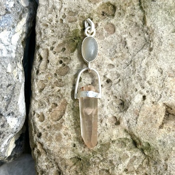 Green natural moonstone with very special phantom pink Lemurian