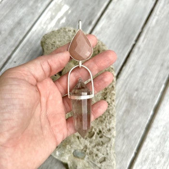 Masterpiece - Crystalline Frequency - Blossoming into You. Faceted natural moonstone with clear quartz Vogel crystal