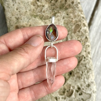 Fire agate with faceted clear quartz crystal