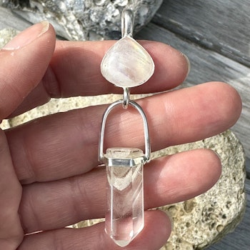 White owl- Athena and Isis. High priestess piece,Rainbow Moonstione with White Phantom Lodolite Quartz.