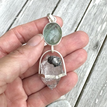 Golden Dragon collection- Pleiadian sisterhood.  Aquamarine with Herkimer Diamond with Black Tourmaline.