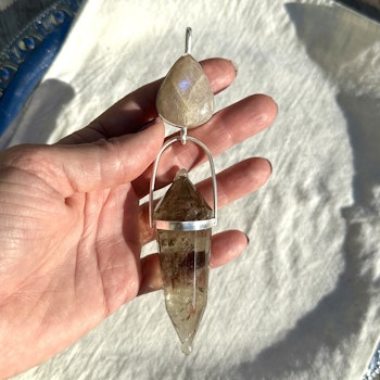 Lemurian High Priestess, Apricot Rainbow Moonstone with Citrine Vogel