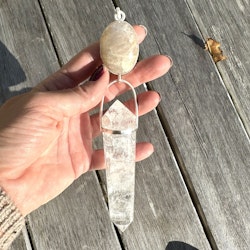 Pleiadian High Priestess - Apricit Rainbow Moonstone with 24 sided Clear Quartz Vogel