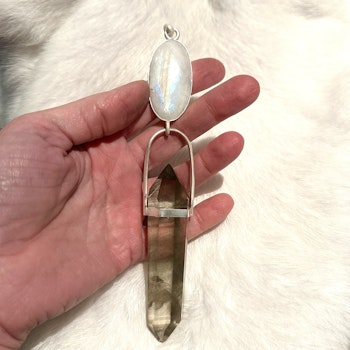 Freja -lightcodes- Moonstone with naturally double terminated Lodolite with Phantoms
