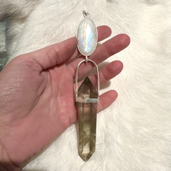 Freja -lightcodes- Moonstone with naturally double terminated Lodolite with Phantoms