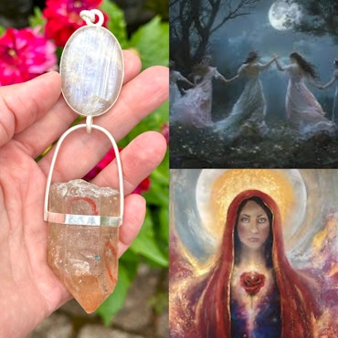 Red Godess- Sisterhood of the Rose- Apricot Rainbow Moonstone with Red Enhydro from the Himalayas