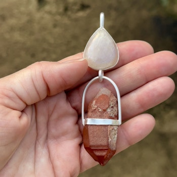 Fire Priestess - Apricot rainbow Moonstone with Red Quartz.