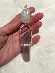 Freja, dragon rider, Rainbow Moonstone with Double terminated Green and Purple Moonstone