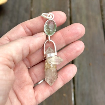 Mary Magdalene and Christ consciousness in holy balance.  Green and pink tourmaline with very special clear quartz crystal