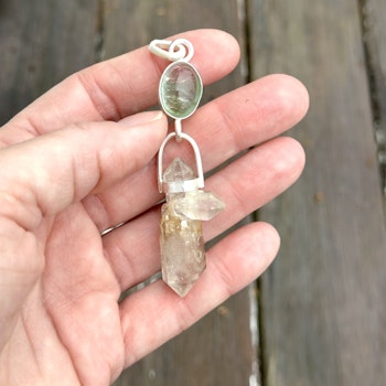 Mary Magdalene and Christ consciousness in holy balance.  Green and pink tourmaline with very special clear quartz crystal