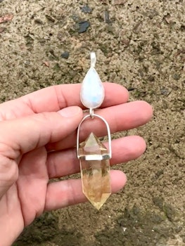 Oracle of the Sun, the Moon and The Unified Field-  Rainbow Moonstone with double terminated Citrine.