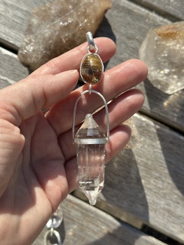 Golden Dragon -Rutilated quartz egg with clear quartz Vogel crystal