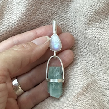 High priestess of Divine Surrendering-Rainbow Moonstone with Raw Aquamarine.