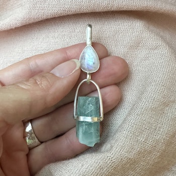 High priestess of Divine Surrendering-Rainbow Moonstone with Raw Aquamarine.