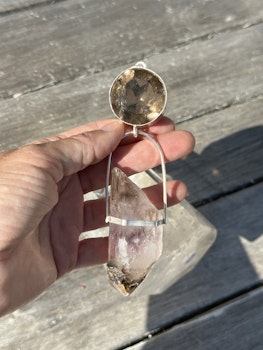 Light Portal of the fully awakened rised feminine- Golden Quartz with Brandenberg Amethyst (with Smokey Quartz)with Skeletal Quartz-