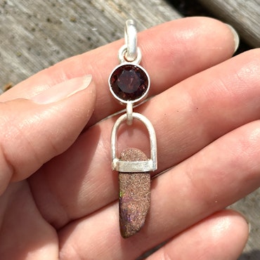 Mary Magdalene-Life Force- Dark faceted pink Tourmaline with raw Boulder Opal