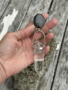 Healing staff of water. Boulder Opal with 24 sided clear Quartz Vogel crystal.