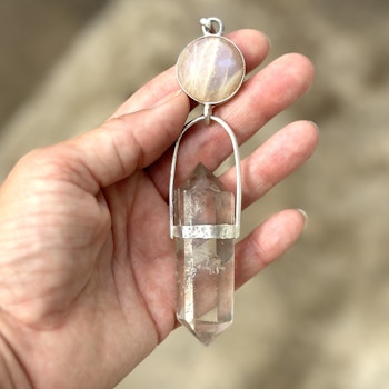 Priestess of Isis- Apricot Rainbow moonstone with naturally double terminated citrine.