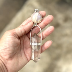 Priestess of Isis- Apricot Rainbow moonstone with naturally double terminated citrine.