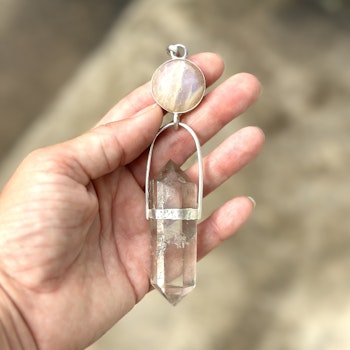 Priestess of Isis- Apricot Rainbow moonstone with naturally double terminated citrine.
