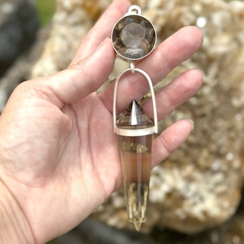 Embodiment of the white flame- Amazing golden Smokey quartz with white phantom with with deep dark 24 sided citrine Vogel