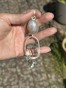 Apricot rainbow moonstone with high frequency clear Quartz dragon egg
