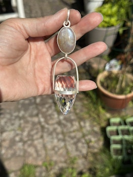 Apricot rainbow moonstone with high frequency clear Quartz dragon egg