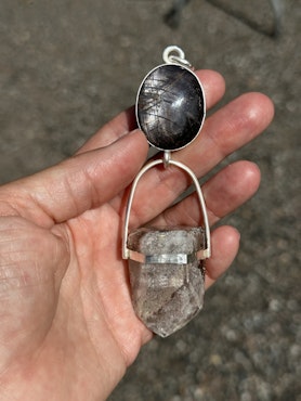 Star lovers- Double star Sapphire with white Lodolite Quartz Crystal   This is an amazing piece with two very special crystals.  I see two celestial bodies moving together, longing to reach each other