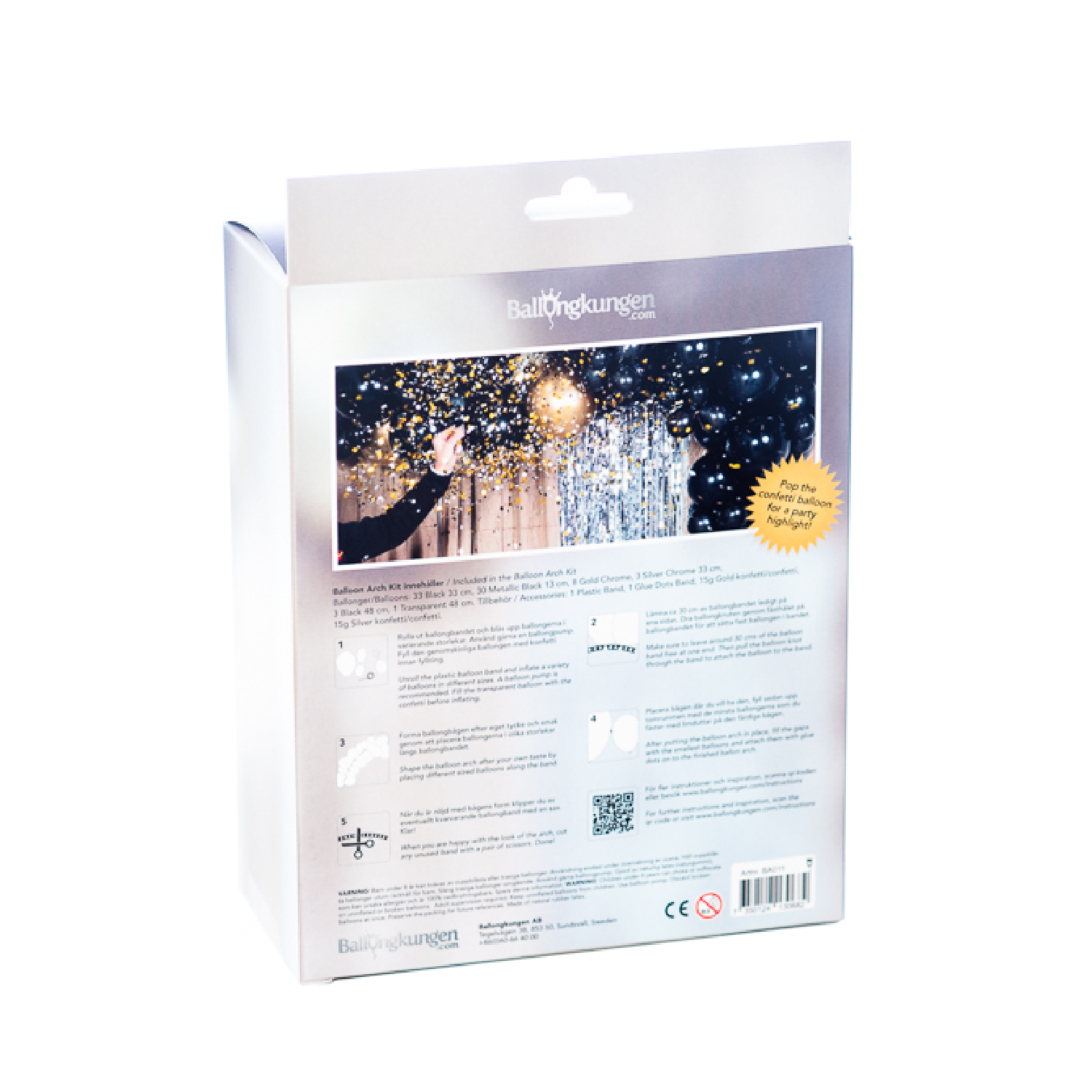 Ballongbåge Arch Kit Svart & Guld med Konfetti Bomb