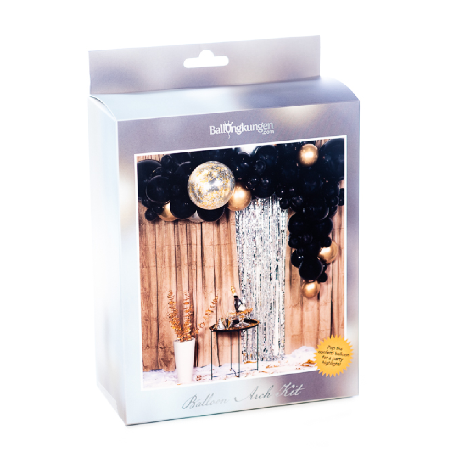Ballongbåge Arch Kit Svart & Guld med Konfetti Bomb