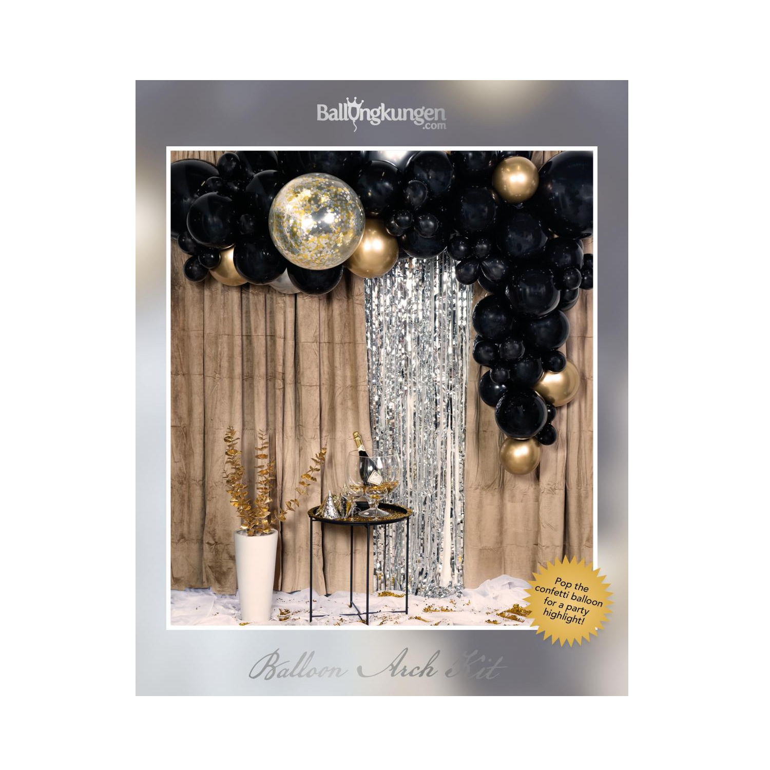 Ballongbåge Arch Kit Svart & Guld med Konfetti Bomb