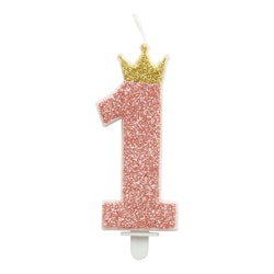Tårtljus Siffra Ett #1 med Krona Rosa
