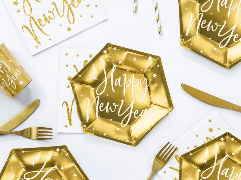Papperstallrikar Happy New Year Guld Metallic
