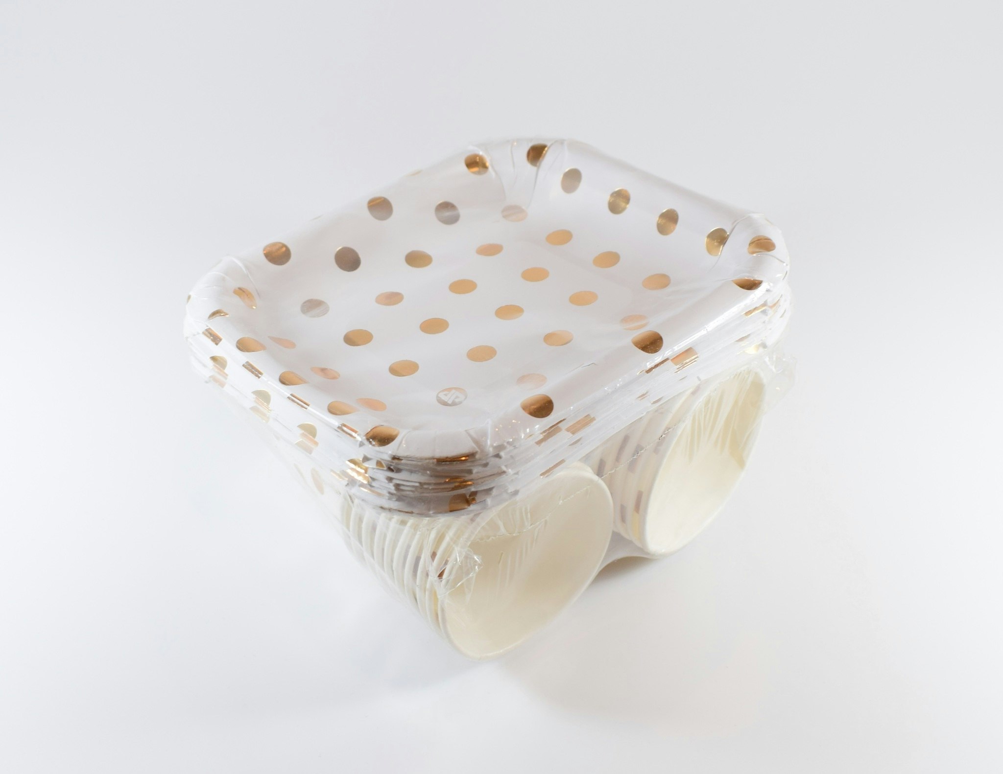 Pappersmuggar och Tallrikset Vit och Guld Metallic Dots 20-pack