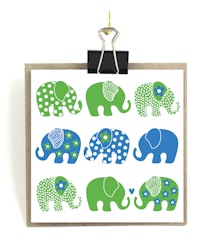 Stort kort med kuvert - Elefanter blå/grön