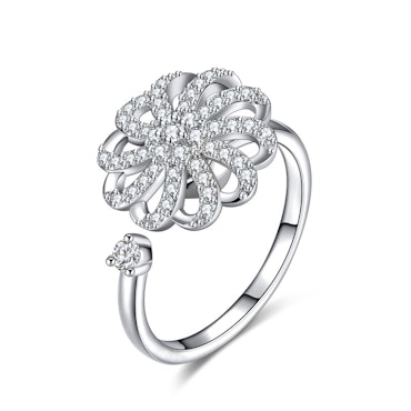 Anti Stress Ring CZ Roterande Blomma Sterling Silver S925