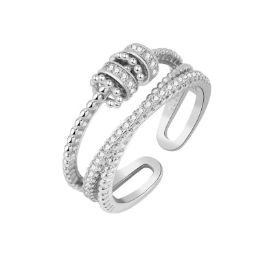 S925 Sterling Silver Roterande Fidget Ring med Cubic Zirconia Justerbar Silver Anti Stress